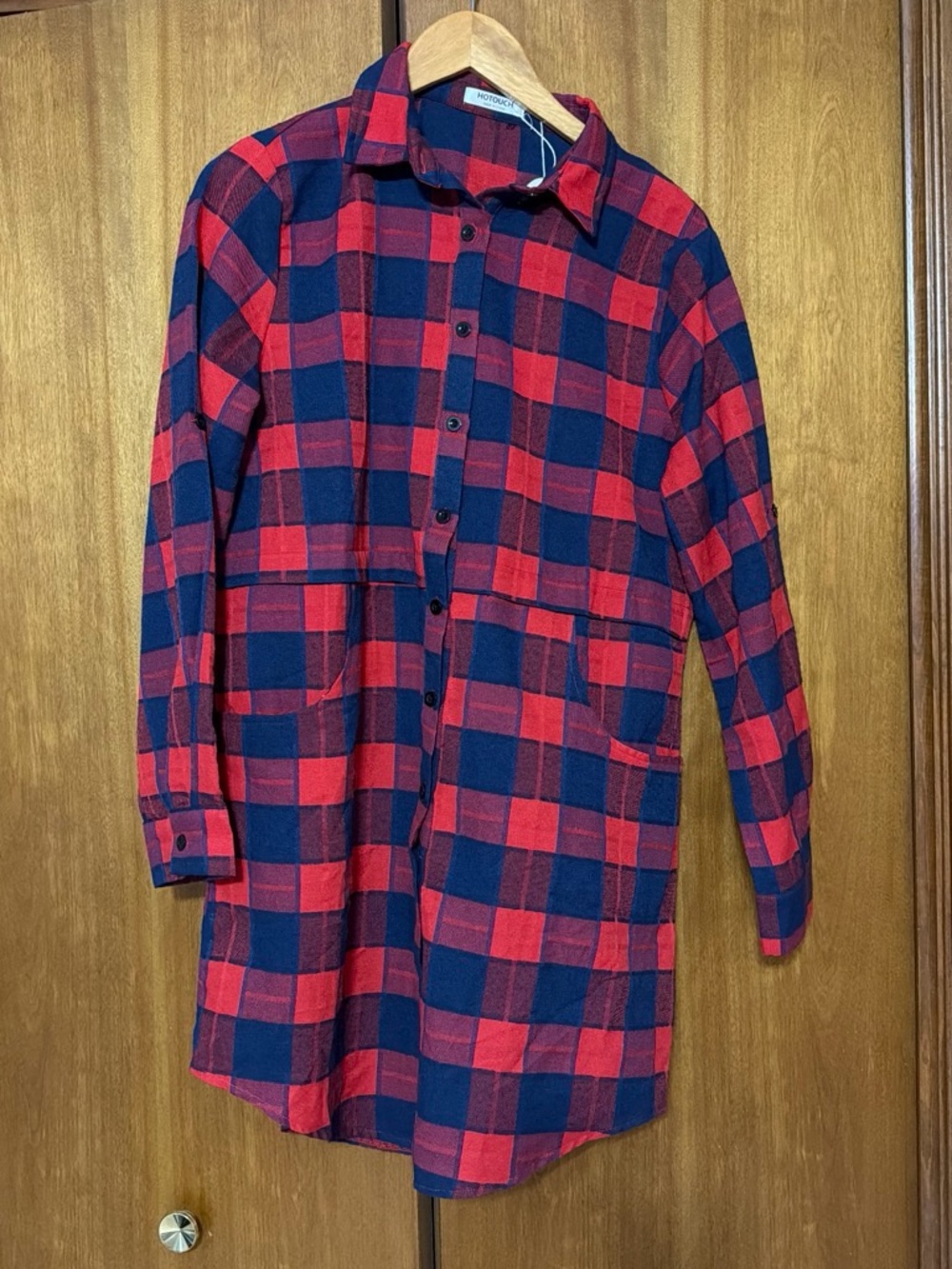 Women's Red & Navy Plaid Long Sleeve Shirt Dress